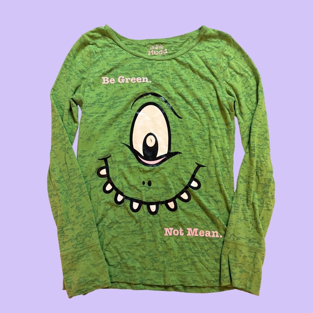 Y2K Mudd Green Burnout Long Sleeve Monster Graphic Tee Thumbholes Scene #17